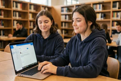 Jeune étudiante consultant sa messagerie Zimbra sur un ordinateur portable dans une bibliothèque universitaire