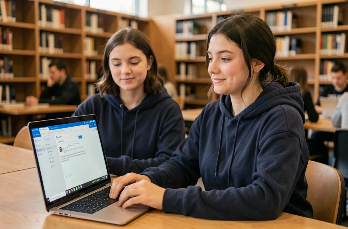 Jeune étudiante consultant sa messagerie Zimbra sur un ordinateur portable dans une bibliothèque universitaire