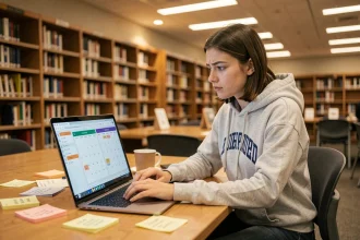 Étudiante de Polytechnique synchronisant son calendrier Zimbra sur un ordinateur portable dans une bibliothèque universitaire