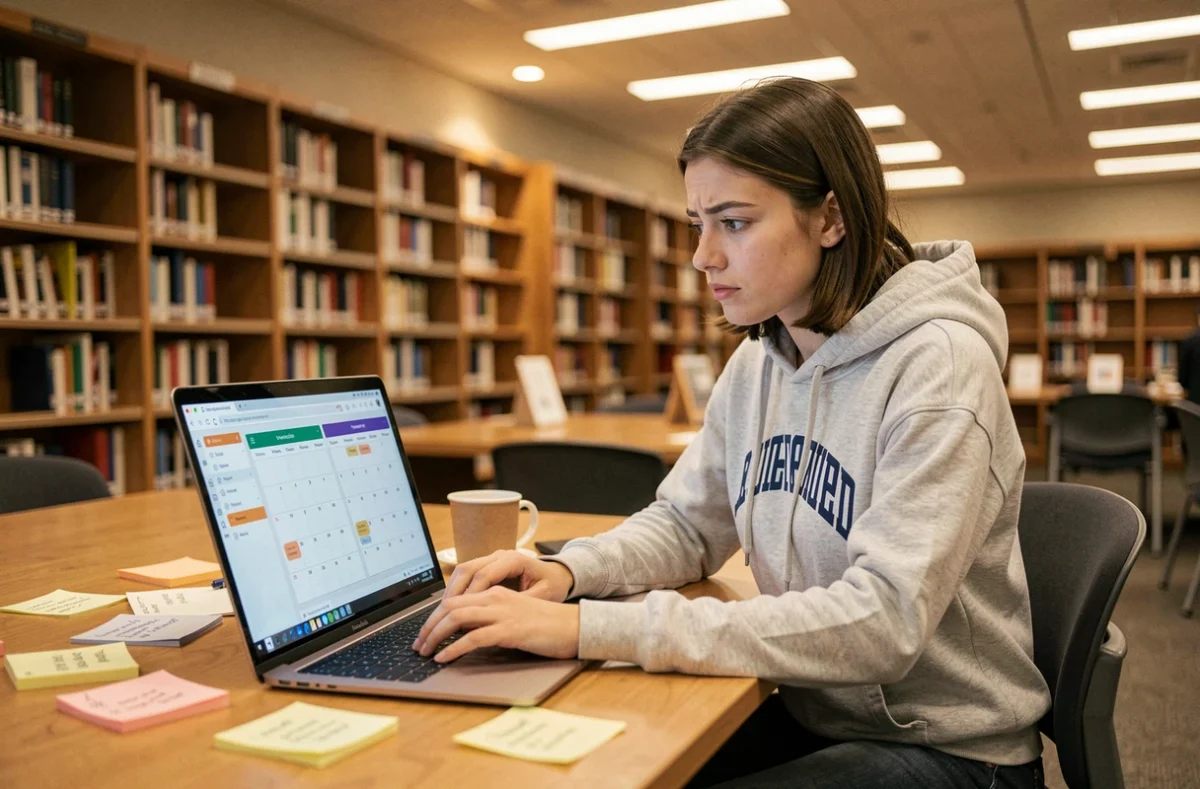 Étudiante de Polytechnique synchronisant son calendrier Zimbra sur un ordinateur portable dans une bibliothèque universitaire
