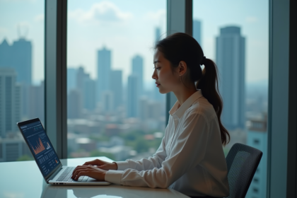 Jeune femme analysant des graphiques SEO sur son ordinateur