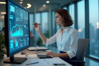 Femme concentrée analysant des données en entreprise