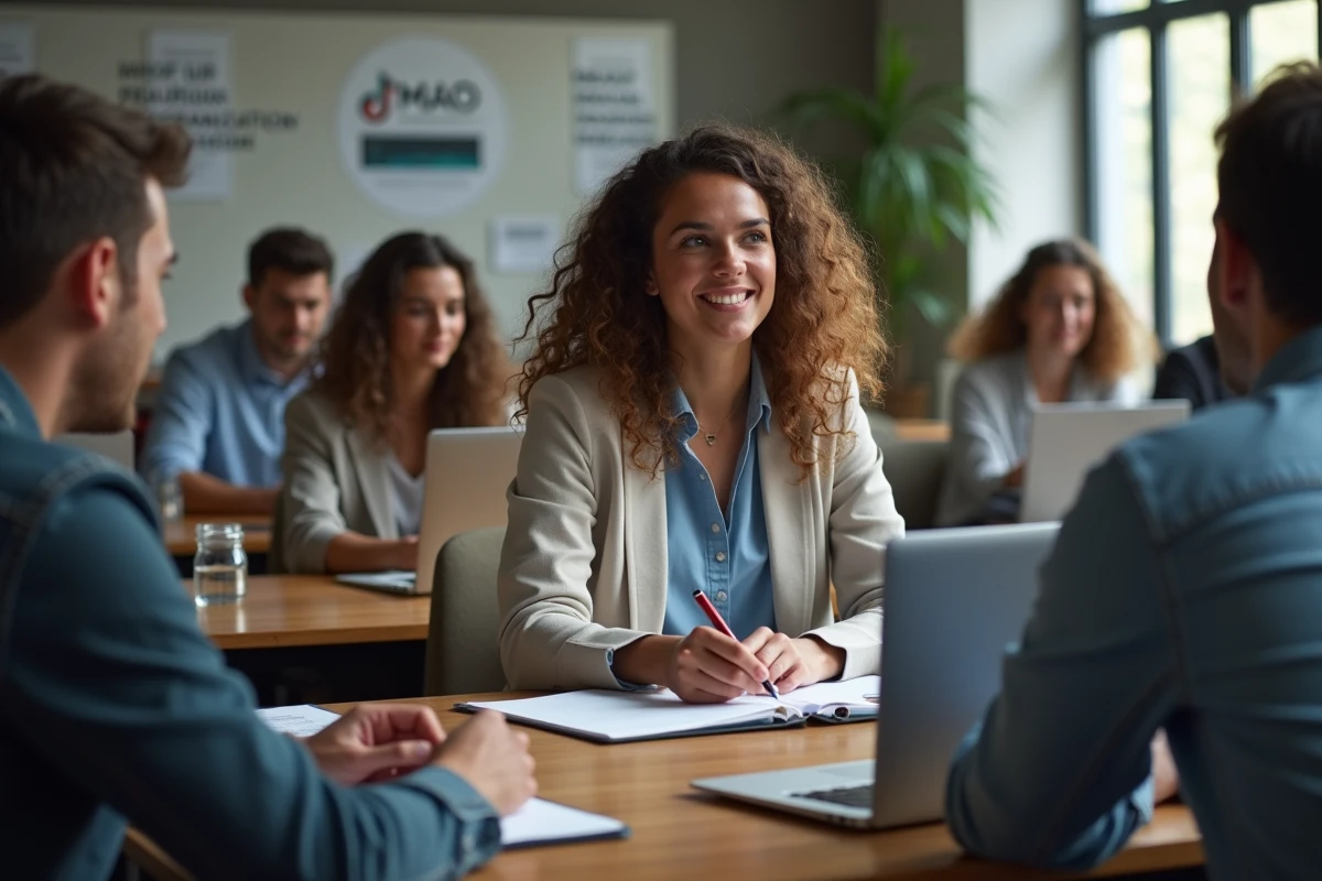 Femme participe à un atelier de production musicale en classe