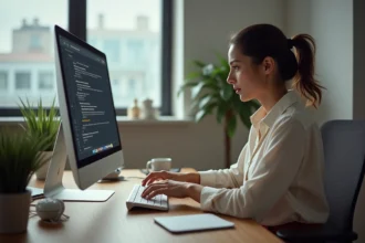 Femme concentrée travaillant sur son ordinateur au bureau