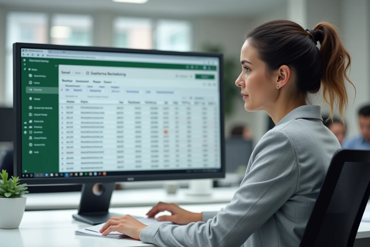 Femme professionnelle travaillant sur un tableau Excel avec des données en lignes et colonnes sur un écran large de bureau