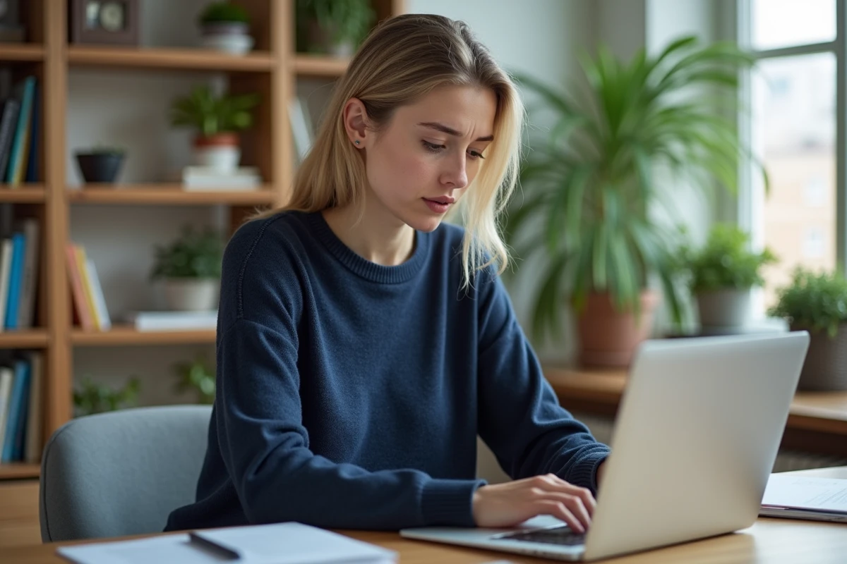 Femme assise à un bureau moderne utilisant un ordinateur portable