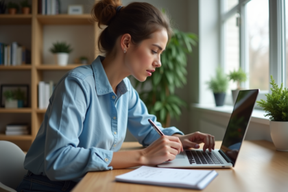 Femme au bureau analysant son ordinateur portable