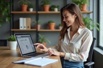 Femme au bureau pointant son écran d'ordinateur