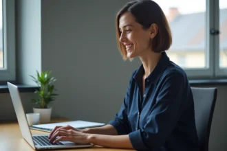 Femme au bureau souriante travaillant sur son ordinateur à Rennes