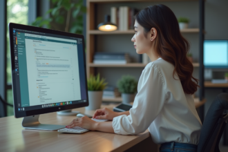 Jeune femme au bureau organisant des dossiers sur un écran