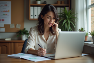 Femme analysant un rapport SEO dans son bureau à domicile