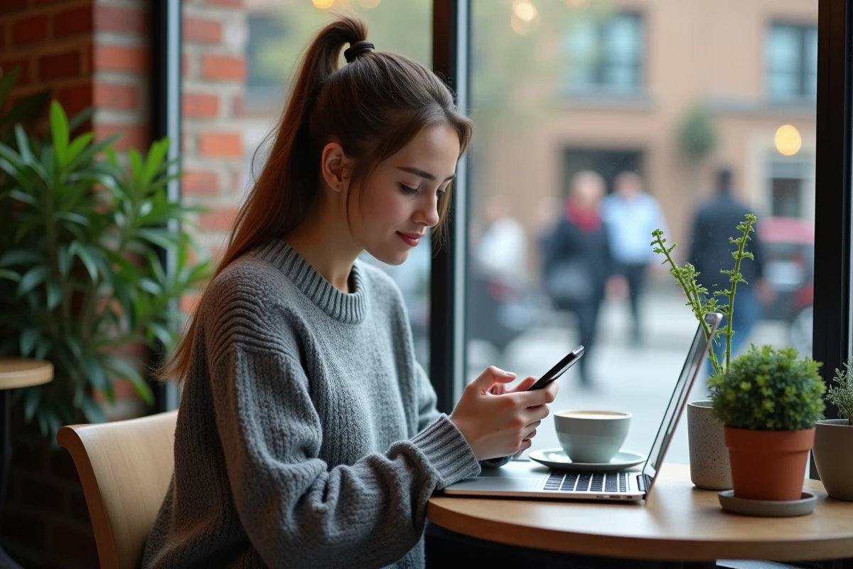 Jeune femme au café vérifiant son smartphone