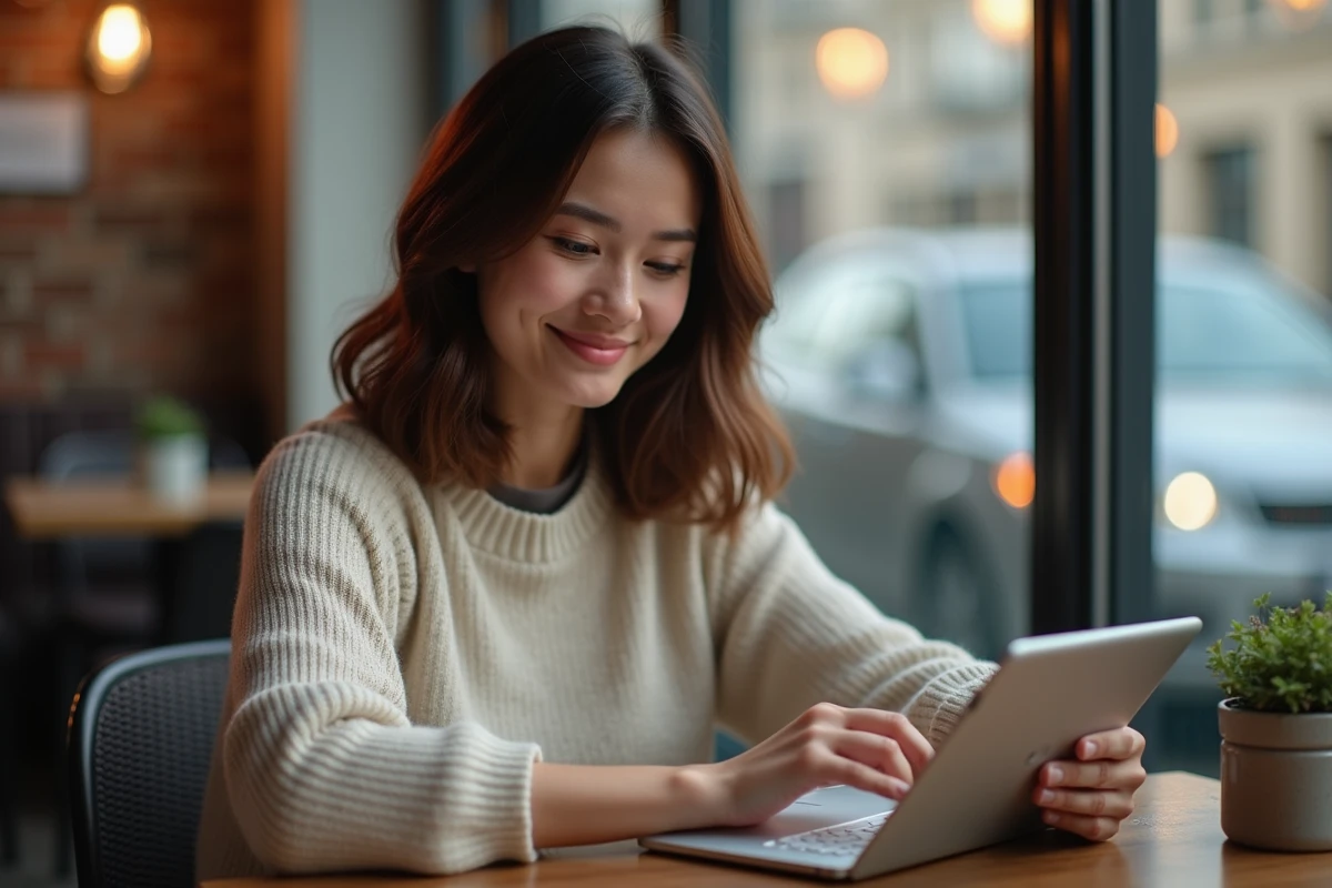 Femme souriante utilisant une tablette dans un café pour vérifier ses emails