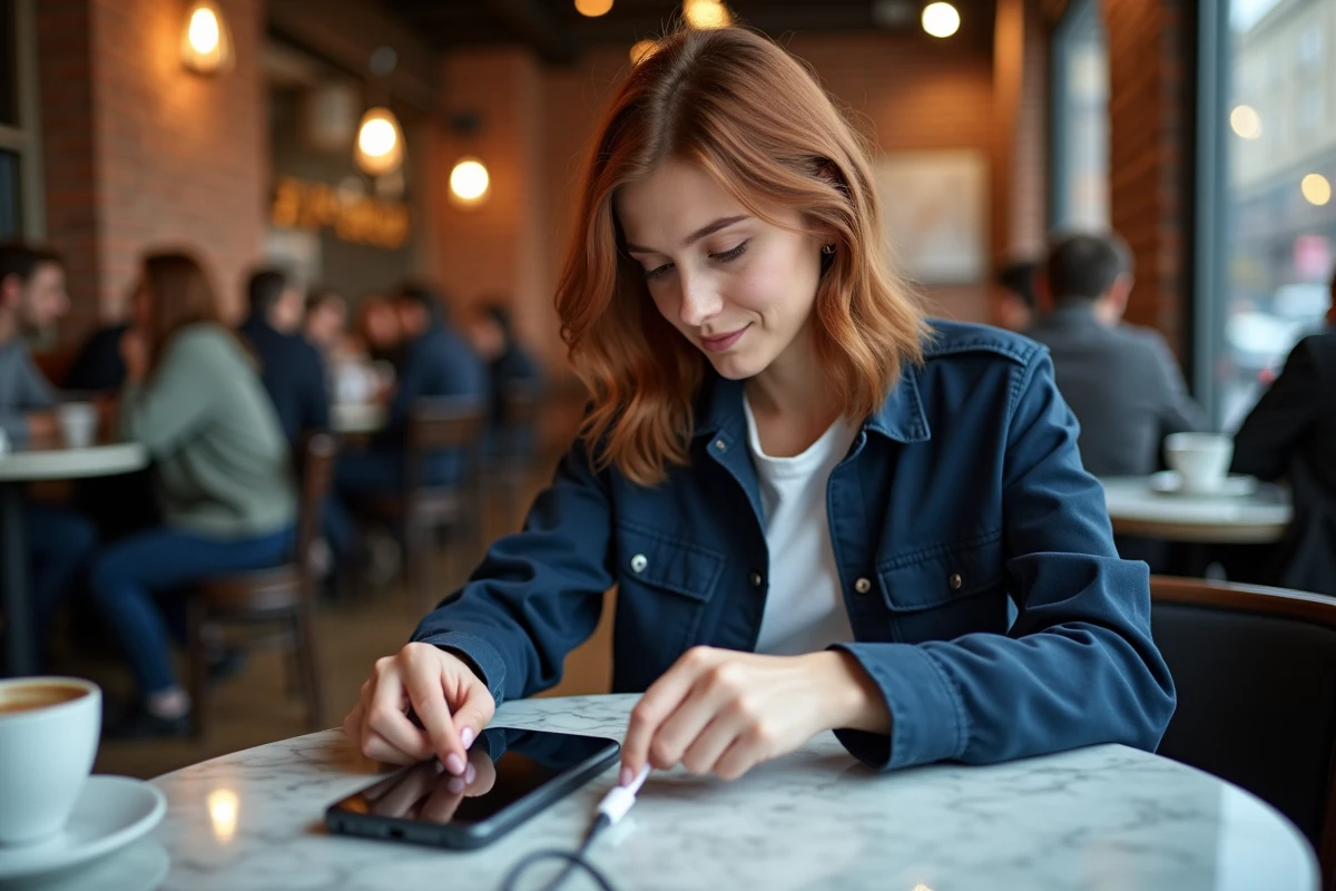 Femme branchant un câble USB-C sur un smartphone Android dans un café urbain