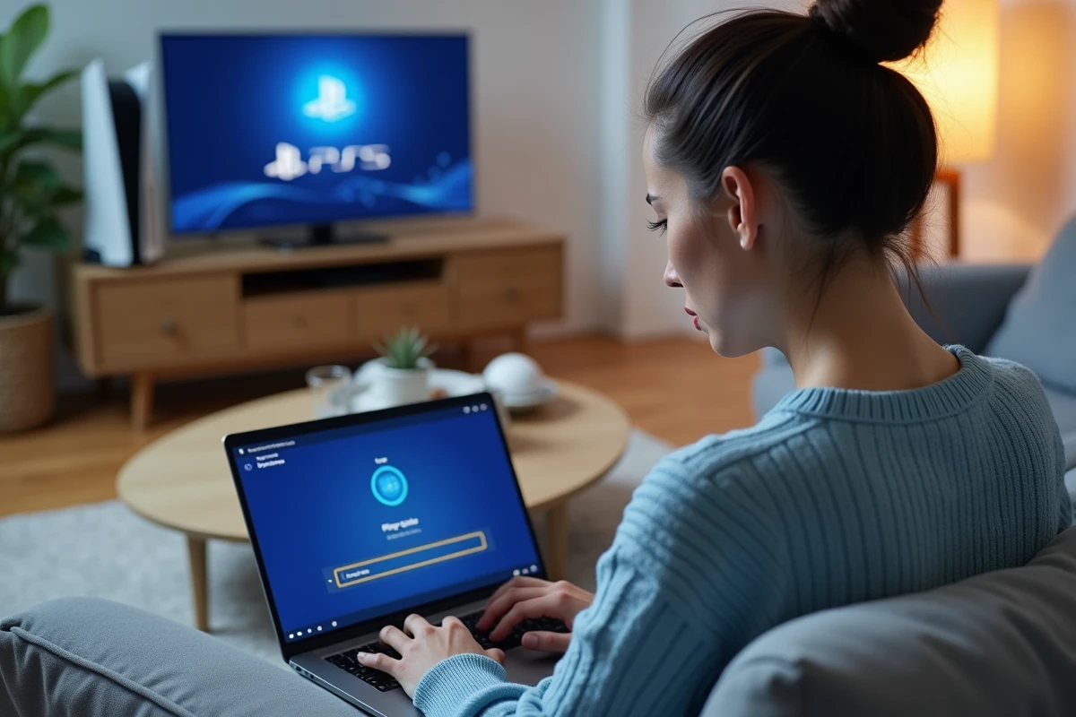 Femme utilisant le chat en ligne du support PlayStation sur son ordinateur portable dans son salon