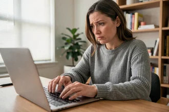 Femme cherchant la touche arobase sur un clavier d'ordinateur portable dans un bureau à domicile
