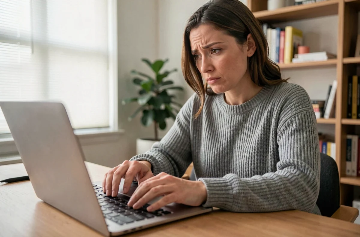 Femme cherchant la touche arobase sur un clavier d'ordinateur portable dans un bureau à domicile