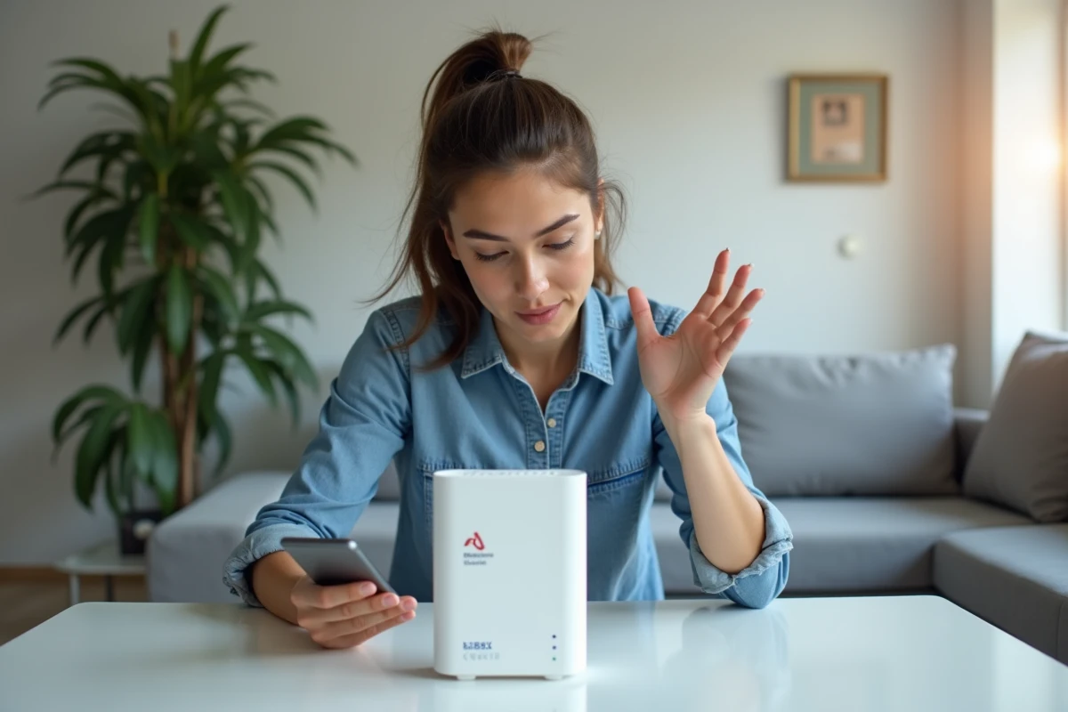 Femme consultant la clé de sécurité réseau sur sa Bbox Bouygues Telecom depuis son smartphone à son bureau