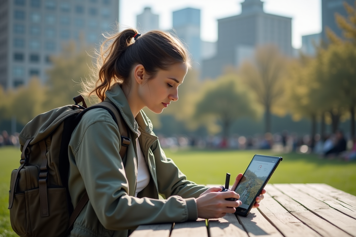 Femme vérifiant un drone et une tablette en ville