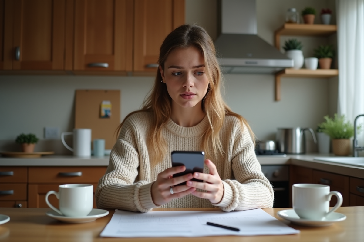 Jeune femme à la maison regardant son smartphone