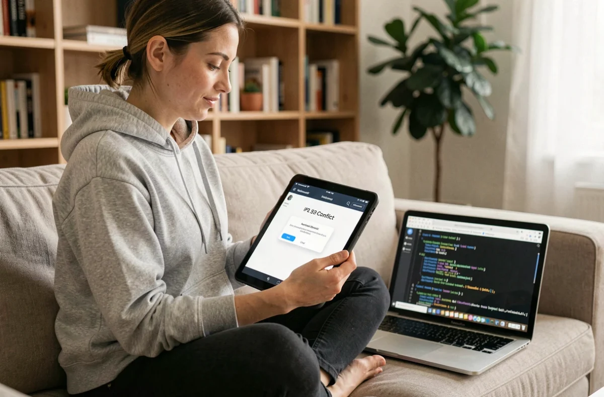 Femme diagnostiquant un conflit d'adresse IP sur tablette et ordinateur portable dans un salon moderne