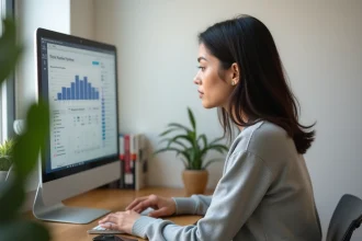 Jeune femme travaillant sur un écran PC 24 pouces dans un petit bureau à domicile bien organisé