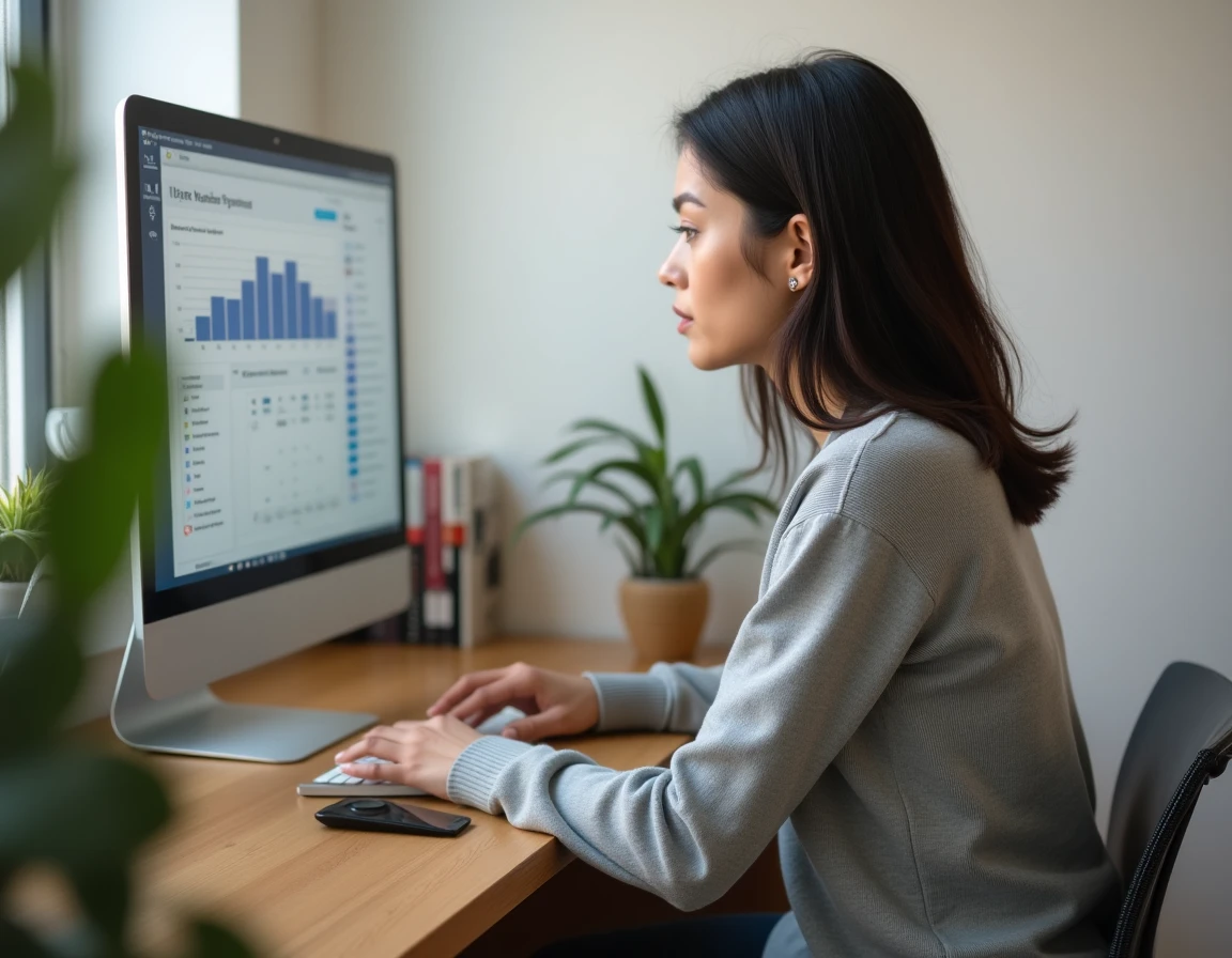 Jeune femme travaillant sur un écran PC 24 pouces dans un petit bureau à domicile bien organisé