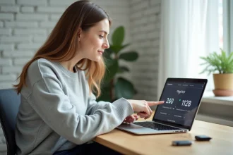 Femme pointant un écran d'ordinateur affichant des valeurs de stockage en gigaoctets et mégaoctets