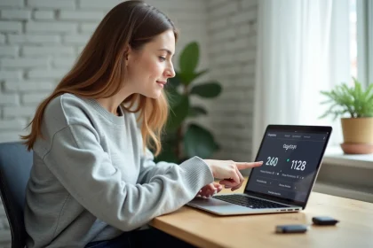 Femme pointant un écran d'ordinateur affichant des valeurs de stockage en gigaoctets et mégaoctets