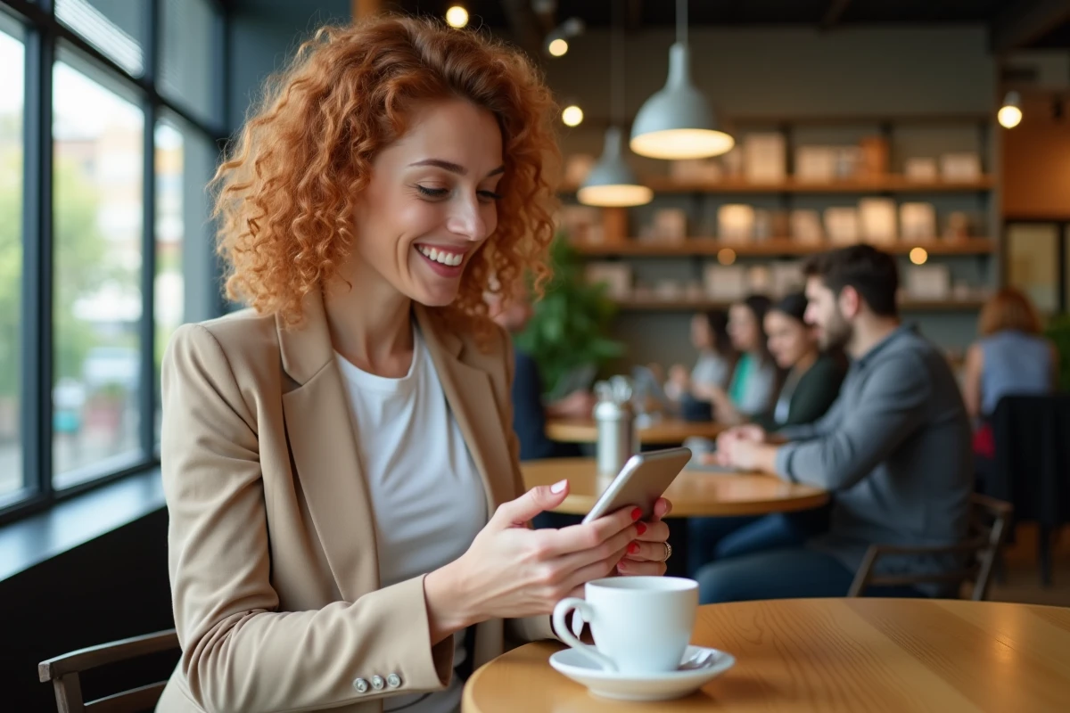Femme entrepreneur consultant une automatisation WhatsApp avec intelligence artificielle dans un café co-working