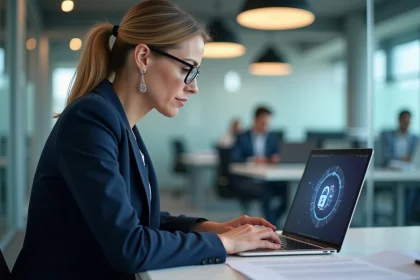 Professionnelle en entreprise consultant une interface de transfert de fichiers sécurisé conforme au RGPD sur son ordinateur portable