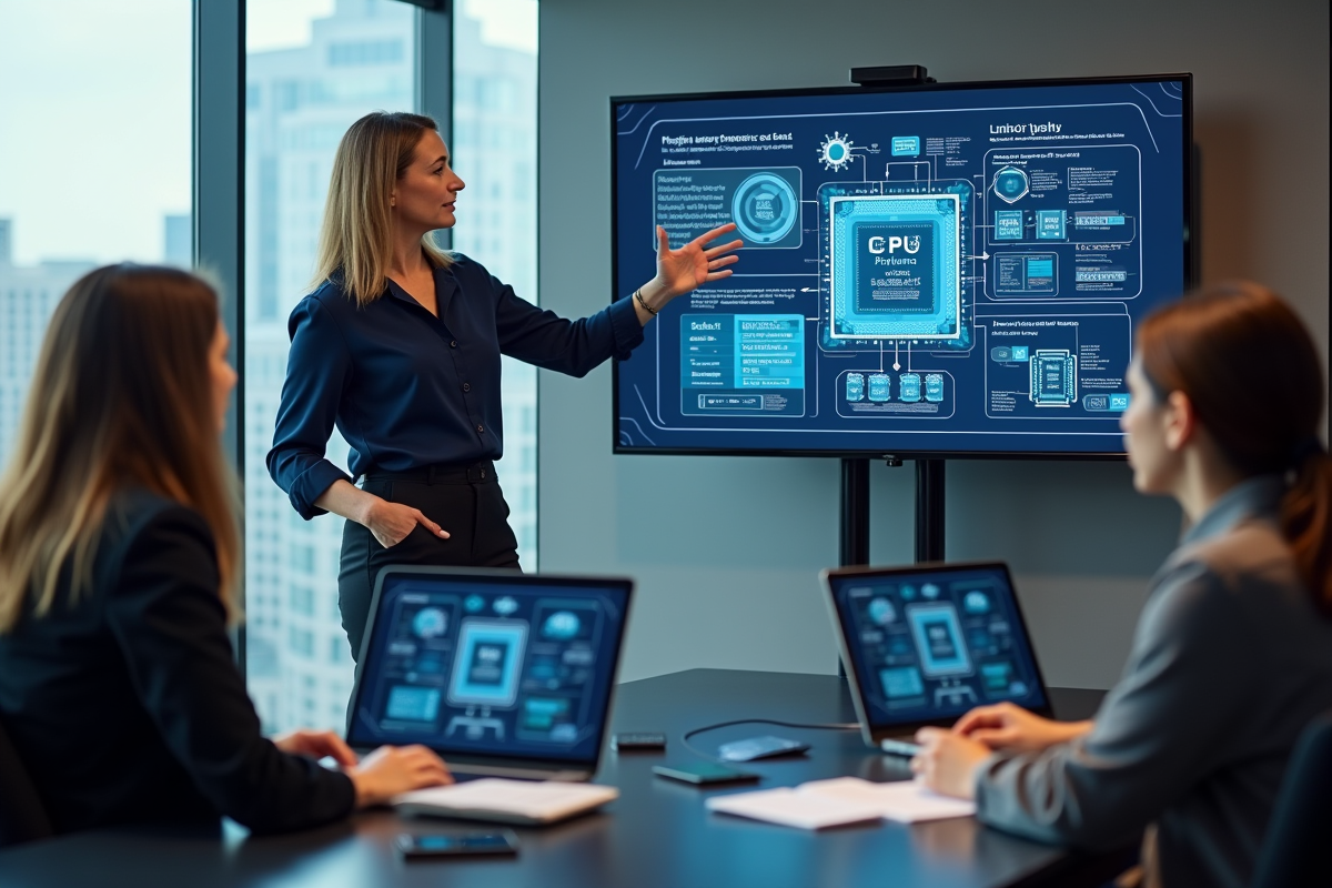 Femme expliquant un diagramme CPU en réunion moderne