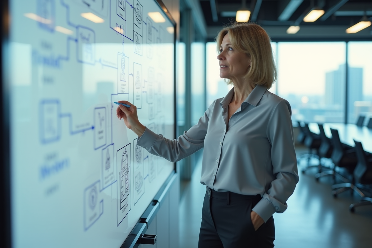 Femme en réunion expliquant un diagramme API sur tableau blanc
