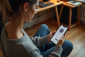 Jeune femme utilisant GarageBand sur iPhone pour créer une sonnerie personnalisée, assise dans un studio à domicile
