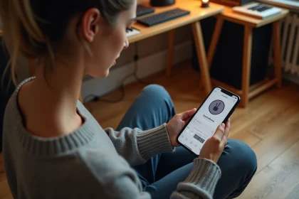 Jeune femme utilisant GarageBand sur iPhone pour créer une sonnerie personnalisée, assise dans un studio à domicile