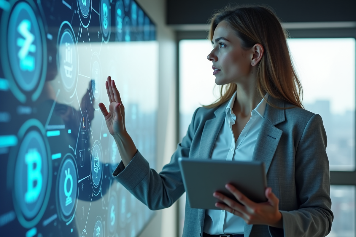 Femme en blazer expliquant un affichage blockchain dans une salle moderne
