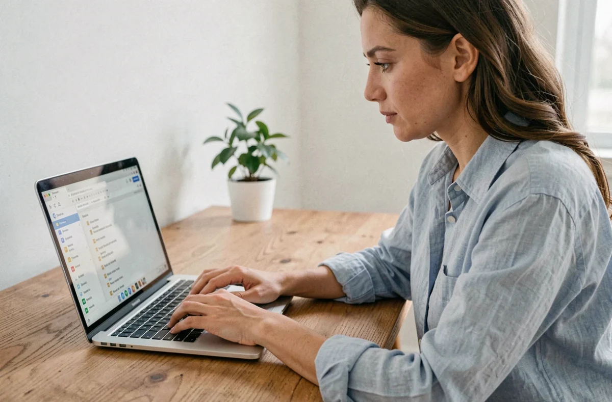 Femme travaillant sur Google Docs avec une table des matières visible à l'écran sur un bureau en bois minimaliste