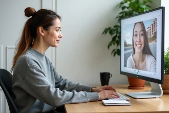 Femme utilisant un hub d'images IA sur son ordinateur dans un bureau moderne en 2026