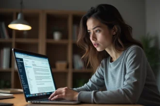 Femme inquiète regardant son inbox Gmail sur un ordinateur portable dans un bureau à domicile, illustrant le suivi des ouvertures d'emails