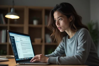 Femme inquiète regardant son inbox Gmail sur un ordinateur portable dans un bureau à domicile, illustrant le suivi des ouvertures d'emails