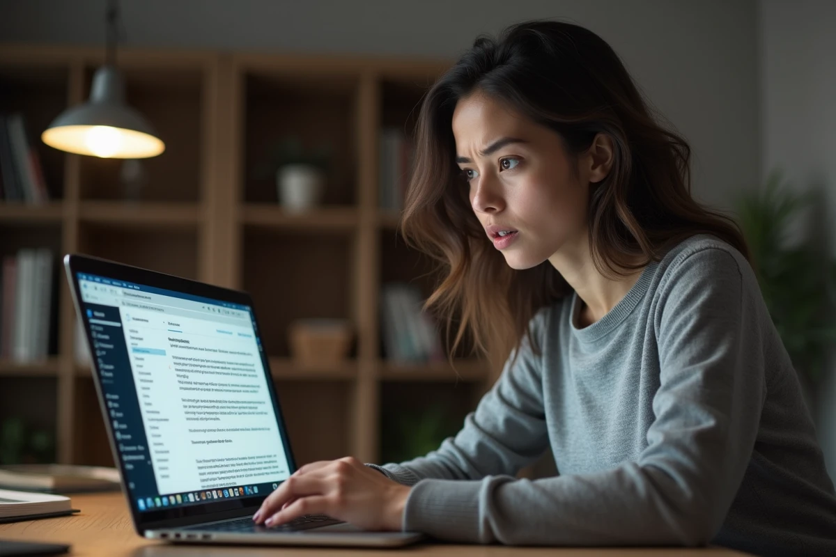Femme inquiète regardant son inbox Gmail sur un ordinateur portable dans un bureau à domicile, illustrant le suivi des ouvertures d'emails