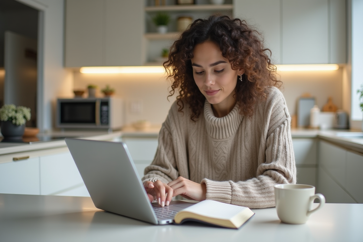 Femme lisant instructions de mise à jour BIOS dans la cuisine