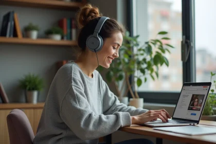 Femme assise à son bureau écoutant de la musique avec casque sans fil