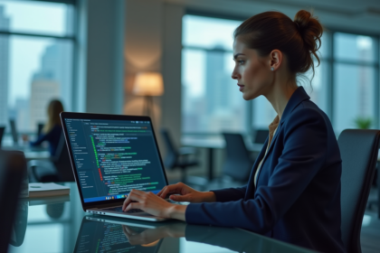 Femme concentrée en bureau avec code logiciel et alertes de sécurité