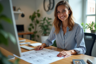 Jeune femme arrangeant des flyers sur un bureau moderne