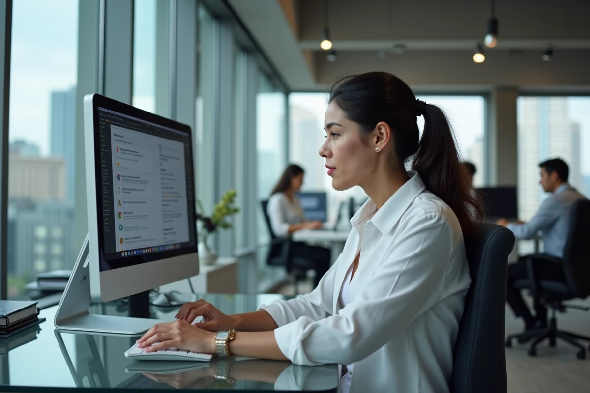 Femme configurant les paramètres de navigateur Chrome Firefox et Edge sur un ordinateur de bureau