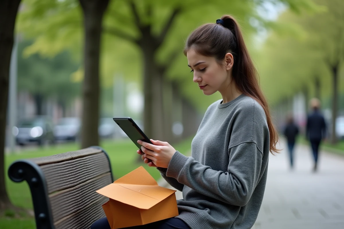 Femme assise dans un parc regardant sa tablette