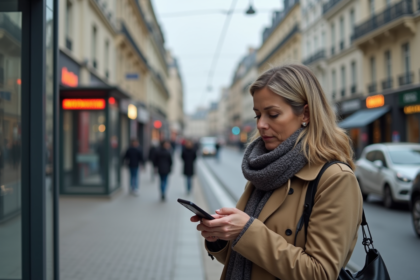 Femme parisienne regardant une antenne 5G en ville