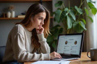 Femme en home office regardant son écran de podcast