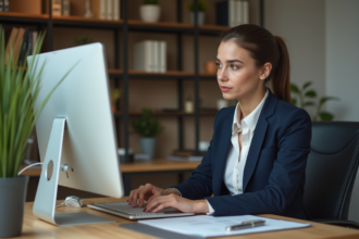 Jeune femme professionnelle analysant un site web au bureau
